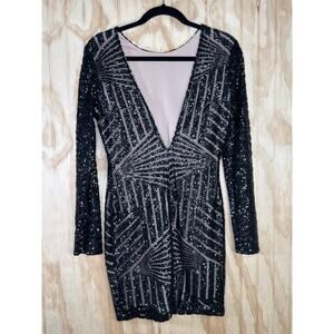 Adelyn Rae Sequin Dress Medium Black Silver Long Sleeve Glam Party Goth V-Neck